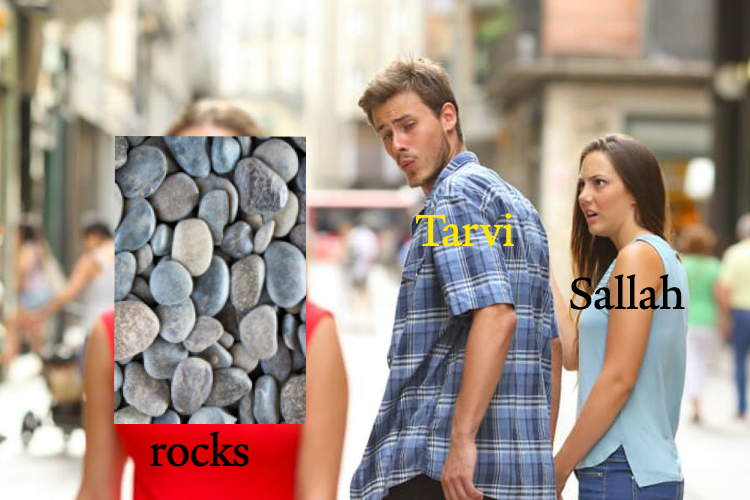 a boyfriend with wandering eyes meme. a man holding hands with a woman, presumably his partner, looks at another woman, whose head and upper torso have been replaced with a collection of rocks. the man is labeled 'Tarvi,' his partner is labeled 'Sallah,' and the rocks are labeled 'rocks.'